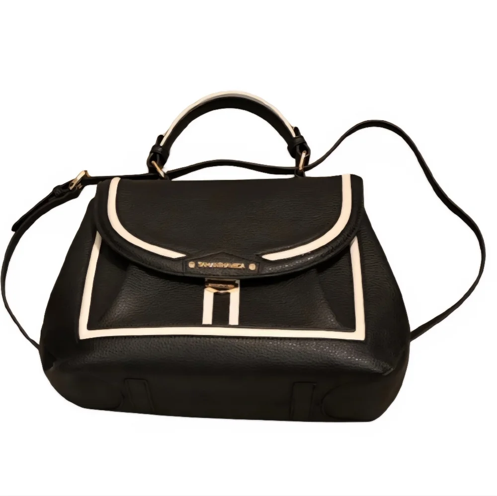 Samantha Vega B+W Leather Structured Satchel Crossbody Bag Tennis Lining